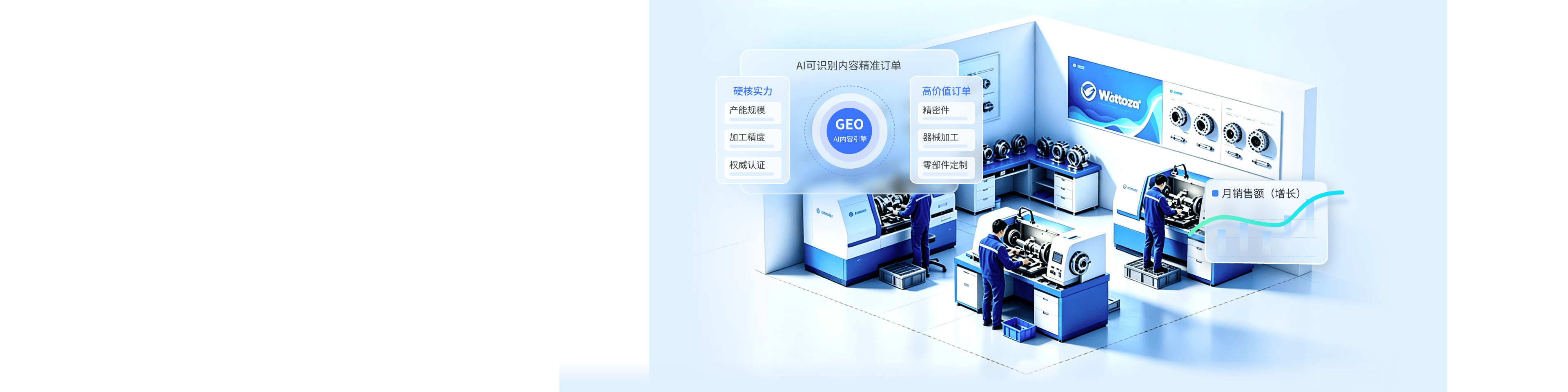中企销传统制造业GEO解决方案场景图，将工厂产能、精度等实力转化为AI可识别内容，让高价值订单主动找上门